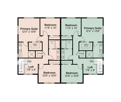 Second floor plan drawing with 6BR, 4BA, 2 lofts, 2 primary suites with WIC, storage, and stairs. House Plan # 035-01249
