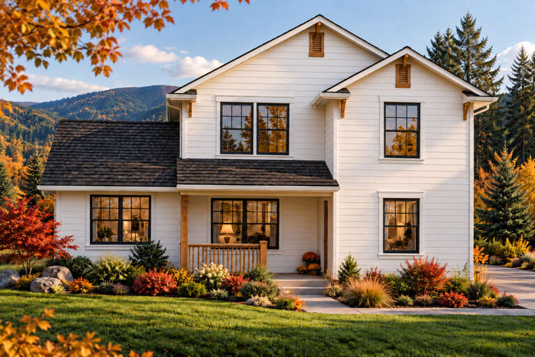 Front view of a white house in Modern Farmhouse style, black windows, gabled roof, wood accents, and autumn landscaping. House Plan # 035-01250