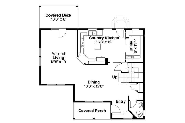 Main floor plan drawing with vaulted living, kitchen, dining, utility, 1BA, stairs, covered deck, and covered porch. House Plan # 035-01250