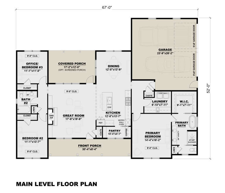 Main floor plan drawing with 3BR, 2BA, great room, kitchen, pantry, Ldry, WIC, 2-car garage, front/covered porches, gas F/P. House Plan # 7568-00069