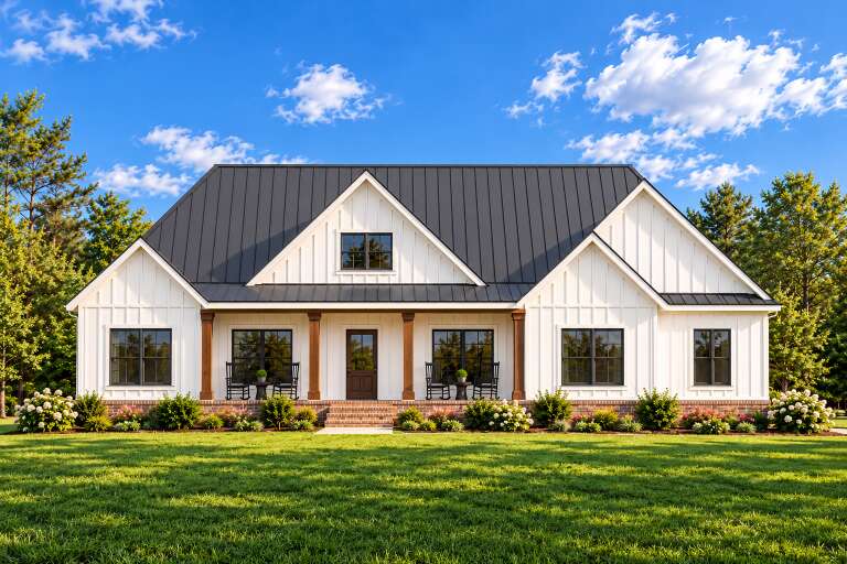 Front view of a white house in Modern Farmhouse style, metal roof, wood columns, brick base, and lush landscaping. House Plan # 7568-00070