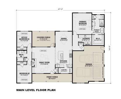 Main floor plan drawing with 3BR, 2BA, kitchen, great room, dining, pantry, WIC, 2-car garage, front/covered porches, F/P. House Plan # 7568-00070