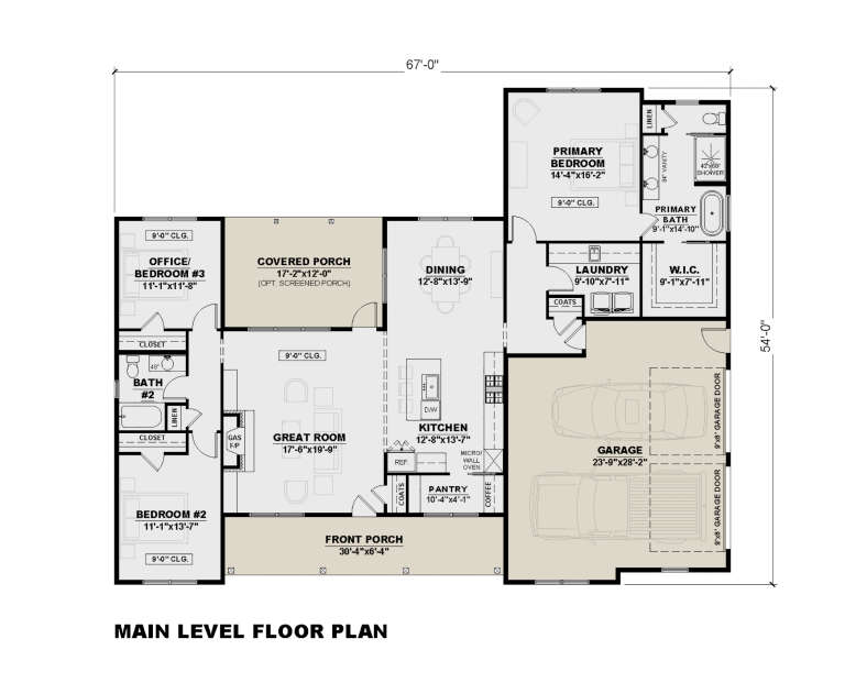 Main floor plan drawing with 3BR, 2BA, kitchen, great room, dining, pantry, WIC, 2-car garage, front/covered porches, F/P. House Plan # 7568-00070
