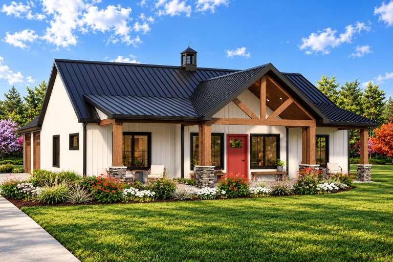 Angled front view of a white house in Modern Farmhouse style, black metal roof, red door, stone pillars, and cupola. House Plan # 5032-00499