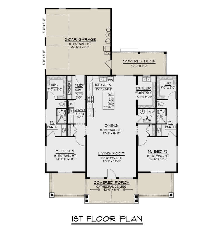 First-floor plan drawing with 2BR, 2.5BA, kitchen, dining, living, butler pantry, mudroom, Ldry, 2-car garage, covered deck/porch. House Plan # 5032-00499