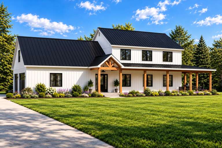 Front view of a white house in Modern Farmhouse style, black metal roof, wood porch posts, and lush landscaping. House Plan # 5032-00500