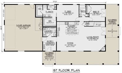 First-floor plan drawing with 2BR, 2BA, kitchen, dining, living room, 3-car garage, WIC, Ldry, fireplace, and 2 porches. House Plan # 5032-00500