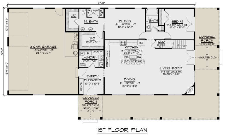 First-floor plan drawing with 2BR, 2BA, kitchen, dining, living room, 3-car garage, WIC, Ldry, fireplace, and 2 porches. House Plan # 5032-00500