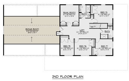 Second-floor plan drawing with 4BR, 2BA, bonus room, loft, laundry chute, and stairs. House Plan # 5032-00500