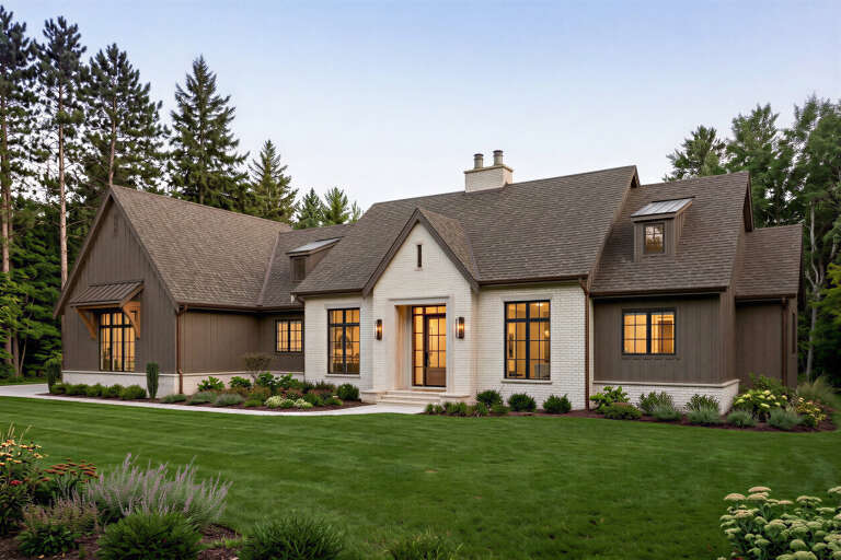 Front view of a white and brown house, brick and vertical siding, gabled roof, black windows, and landscaped lawn. House Plan # 8937-00131