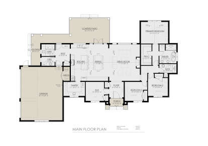 Main floor plan drawing with 3BR, 2.5BA, flex room, open kitchen/great room, pantry, mudroom, 3-car garage, and 2 patios. House Plan # 8937-00131