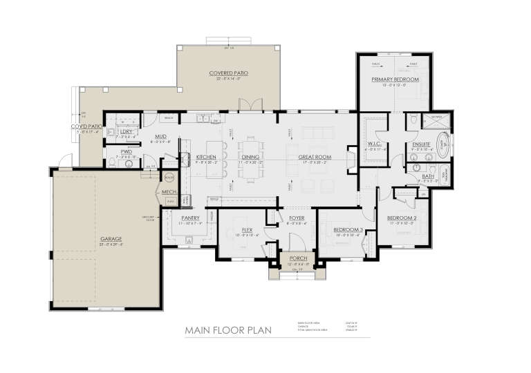 Main floor plan drawing with 3BR, 2.5BA, flex room, open kitchen/great room, pantry, mudroom, 3-car garage, and 2 patios. House Plan # 8937-00131