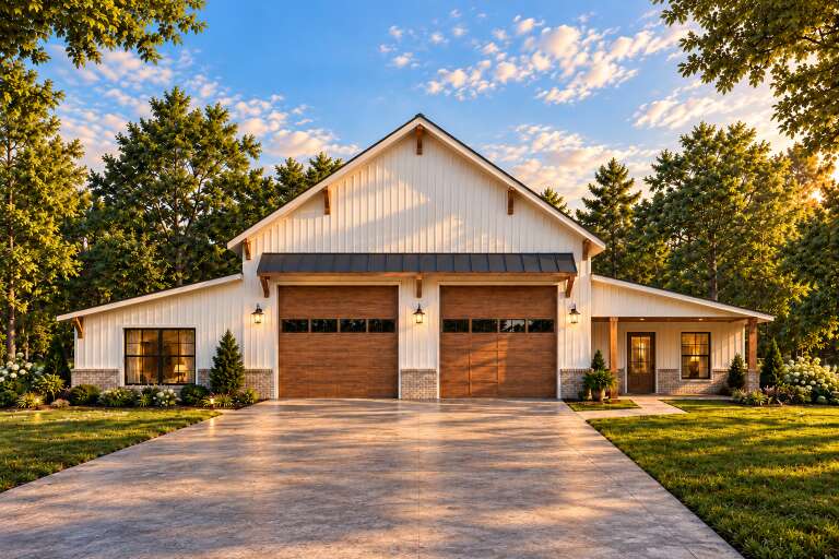 Front view of a white house in Barn style, wood garage doors, stone base, metal roof accent, and lush landscaping. House Plan # 7568-00071