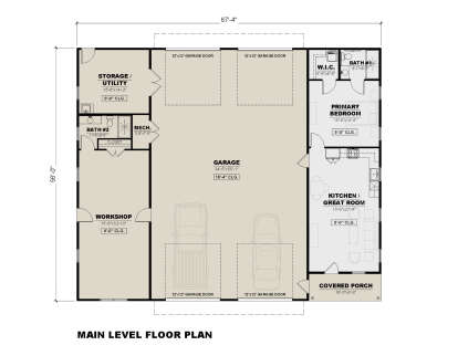 Main level floor plan drawing with 1BR, 2BA, kitchen/great room, workshop, storage, 4-car garage, and covered porch. House Plan # 7568-00071
