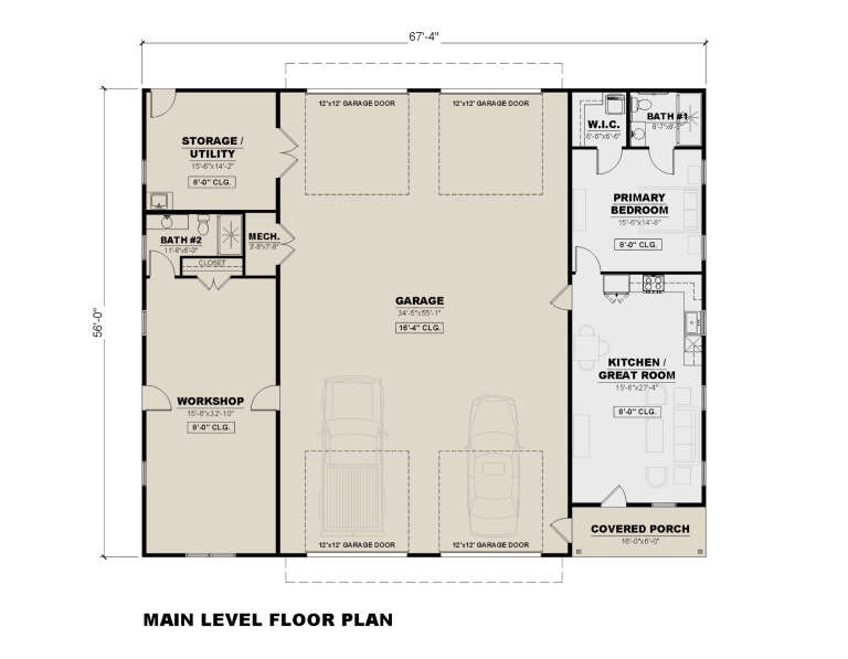 Main level floor plan drawing with 1BR, 2BA, kitchen/great room, workshop, storage, 4-car garage, and covered porch. House Plan # 7568-00071