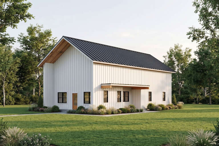 Angled front view of a white house in Barndominium style, black metal roof, vertical siding, and wood porch accents. House Plan # 3822-00067