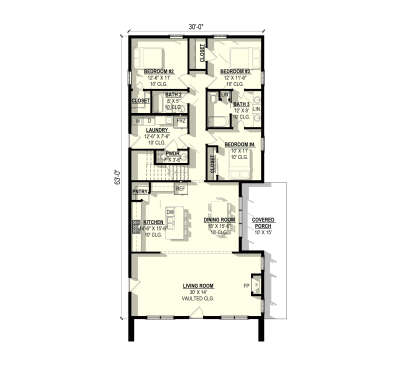 Main floor plan drawing with 3BR, 2.5BA, kitchen, dining, living room, vaulted ceiling, Ldry, pantry, and covered porch. House Plan # 3822-00067