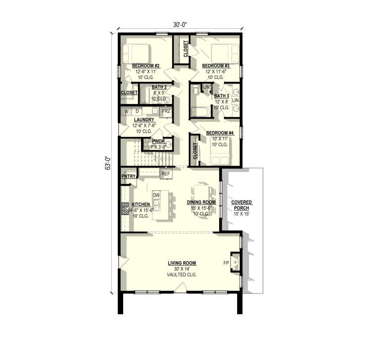 Main floor plan drawing with 3BR, 2.5BA, kitchen, dining, living room, vaulted ceiling, Ldry, pantry, and covered porch. House Plan # 3822-00067