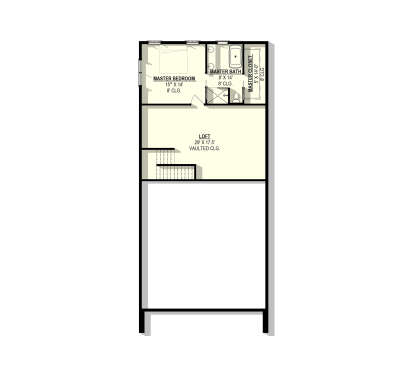 Second-floor plan drawing with 1BR, 1BA, master WIC, loft with vaulted ceiling, and stairs. House Plan # 3822-00067