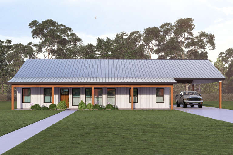 Front view of a white house in Modern Farmhouse style, metal roof, wood posts, covered porch, and attached carport. House Plan # 3822-00068