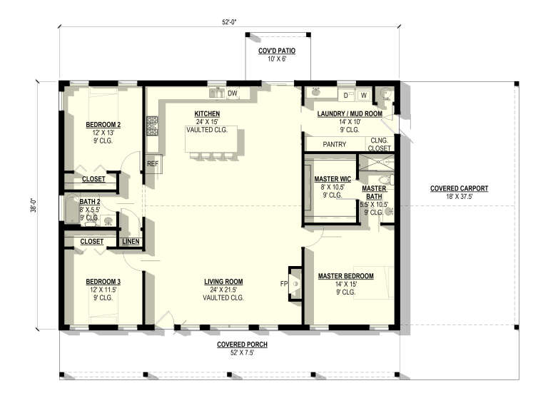 Main floor plan drawing with 3BR, 2BA, vaulted kitchen/living, pantry, Ldry, WIC, carport, porch, patio, and fireplace. House Plan # 3822-00068