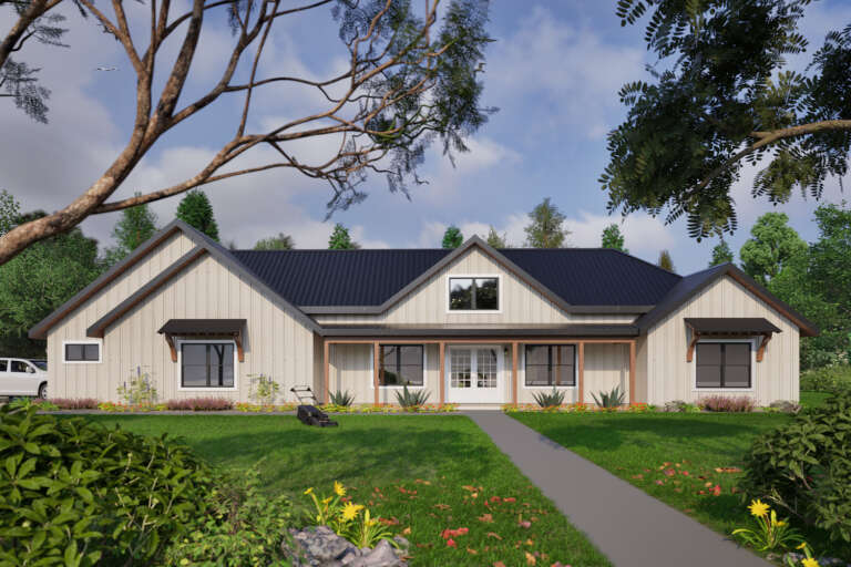Front view of a beige house in Modern Farmhouse style, metal roof, board-and-batten siding, and covered front porch. House Plan # 3822-00069
