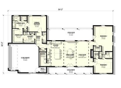 Main floor plan drawing with 3BR, 2BA, vaulted kitchen/living/dining, WIC, pantry, Ldry, 2-car garage, cov'd patio & porch. House Plan # 3822-00069