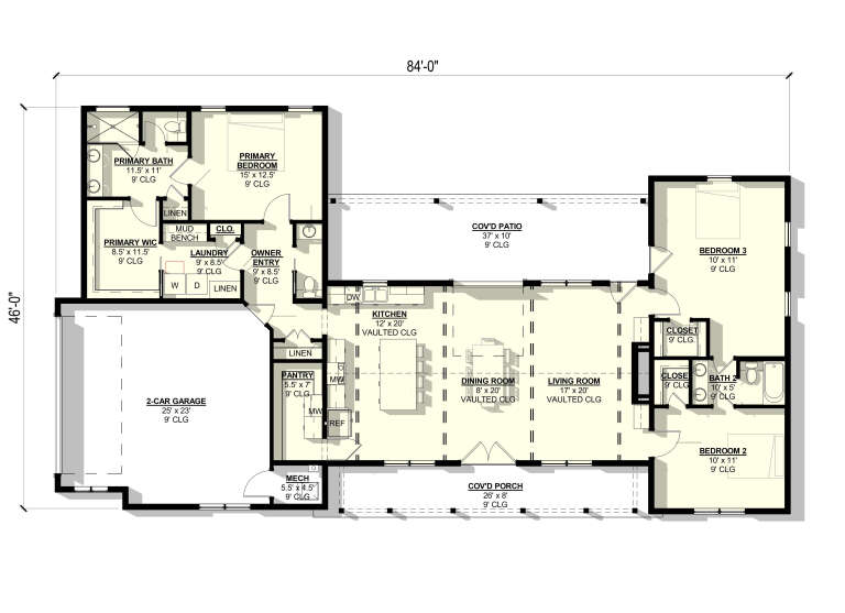 Main floor plan drawing with 3BR, 2BA, vaulted kitchen/living/dining, WIC, pantry, Ldry, 2-car garage, cov'd patio & porch. House Plan # 3822-00069