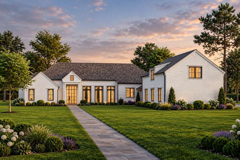 Front view of a white house in European style, brick siding, dark roof, black windows, and manicured landscaping. House Plan # 3822-00070