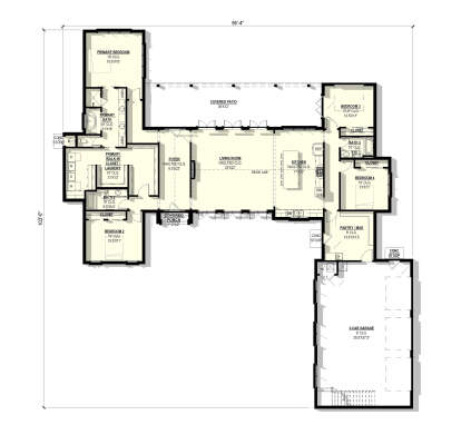 Main floor plan drawing with 4BR, 3BA, vaulted kitchen/living, WIC/Ldry, 3-car garage, covered patio, and porch. House Plan # 3822-00070