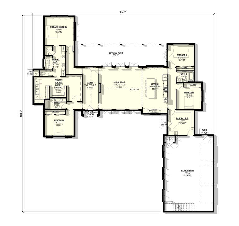 Main floor plan drawing with 4BR, 3BA, vaulted kitchen/living, WIC/Ldry, 3-car garage, covered patio, and porch. House Plan # 3822-00070