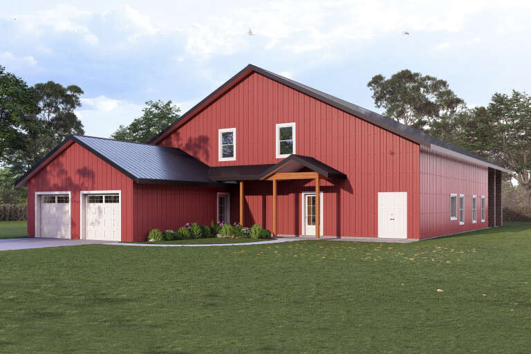 Angled front view of a red house in Modern Farmhouse style, metal siding, black roof, and covered timber-framed porch. House Plan # 3822-00071