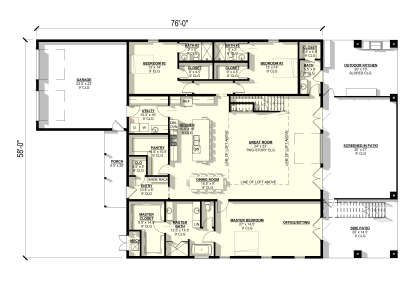 Main floor plan drawing with 3BR, 4BA, great room, kitchen, pantry, office, 3-car garage, porch, and screened-in patio. House Plan # 3822-00071