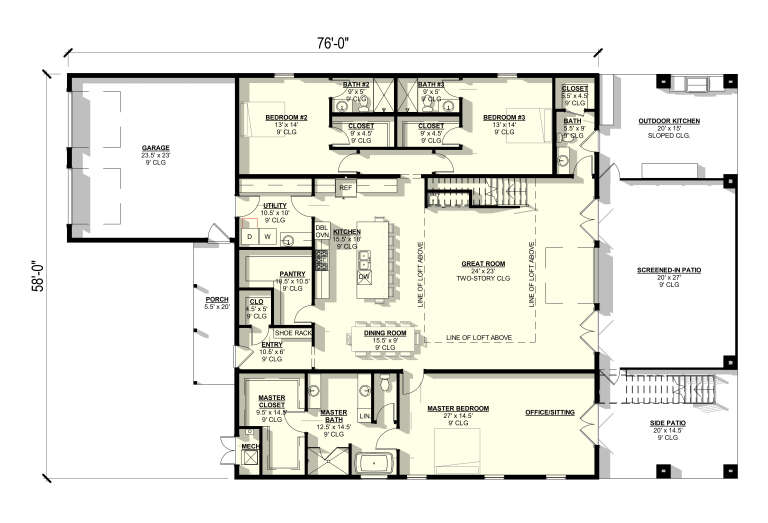 Main floor plan drawing with 3BR, 4BA, great room, kitchen, pantry, office, 3-car garage, porch, and screened-in patio. House Plan # 3822-00071