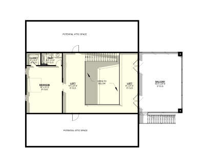 Second-floor plan drawing with 1BR, 1BA, closet, 2 lofts, open-to-below, balcony, stairs, and potential attic space. House Plan # 3822-00071