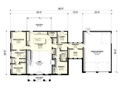 Main floor plan drawing with 2BR, 2BA, kitchen, living, office, pantry, Ldry, WIC, fireplace, cov'd porch/patio, 3-car garage. House Plan # 3822-00072