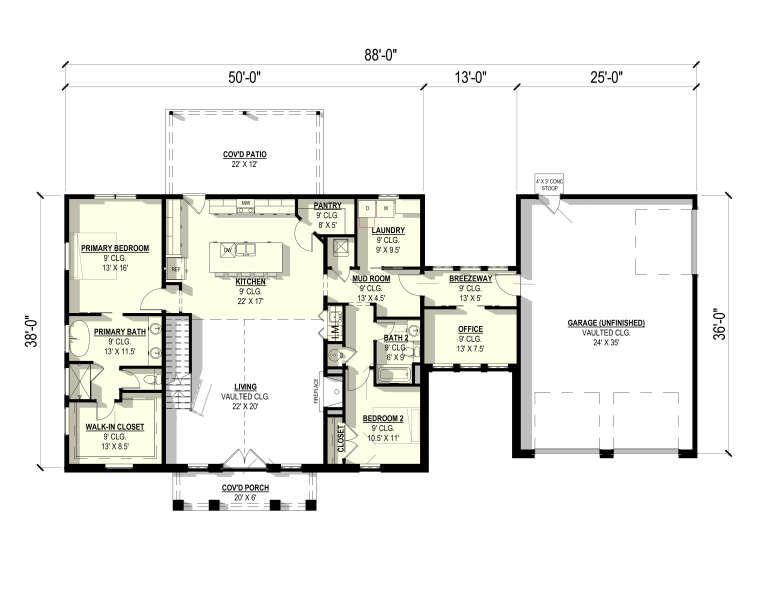 Main floor plan drawing with 2BR, 2BA, kitchen, living, office, pantry, Ldry, WIC, fireplace, cov'd porch/patio, 3-car garage. House Plan # 3822-00072