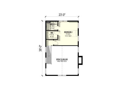 Second-floor plan drawing with 1BR, 1BA, WIC, stairs, and open-to-below area with vaulted ceiling. House Plan # 3822-00072