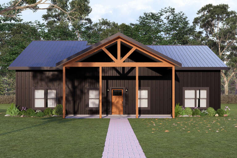 Front view of a black house in Modern Farmhouse style, metal roof, timber porch, and wood entry door. House Plan # 3822-00073
