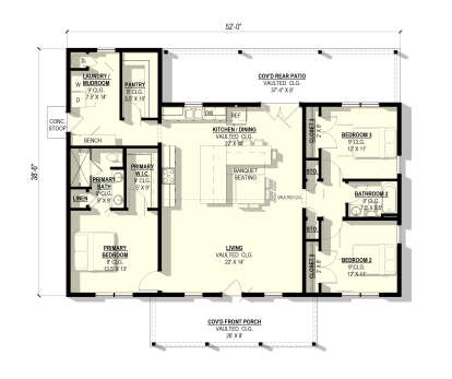 Main floor plan drawing with 3BR, 2BA, vaulted kitchen/living, pantry, Ldry/mudroom, WIC, cov'd front porch, rear patio. House Plan # 3822-00073