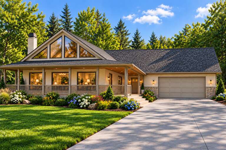 Angled front view of a beige house, wrap-around porch, stone accents, large triangular windows, and lush landscaping. House Plan # 8768-00267