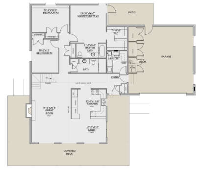 Main floor plan drawing with 3BR, 2BA, vaulted great room, kitchen, nook, WIC, Ldry, garage, and covered deck. House Plan # 8768-00267