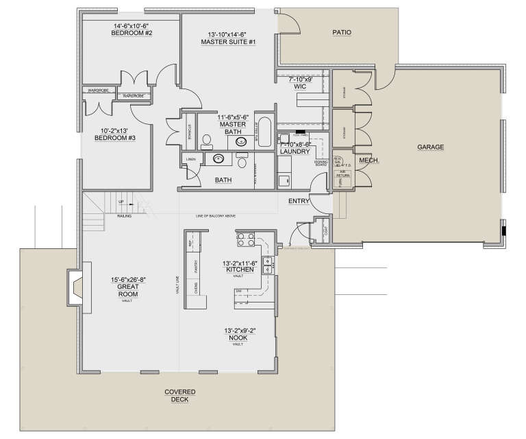 Main floor plan drawing with 3BR, 2BA, vaulted great room, kitchen, nook, WIC, Ldry, garage, and covered deck. House Plan # 8768-00267