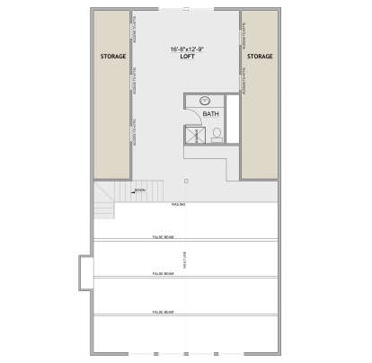 Second floor plan drawing with loft, 1BA, storage, stairs, railing, and vaulted ceiling with false beams. House Plan # 8768-00267