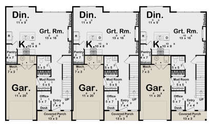 Main floor plan drawing with 3 townhome units, each featuring kitchen, dining, great room, office, 1-car garage, and porch. House Plan # 963-01350