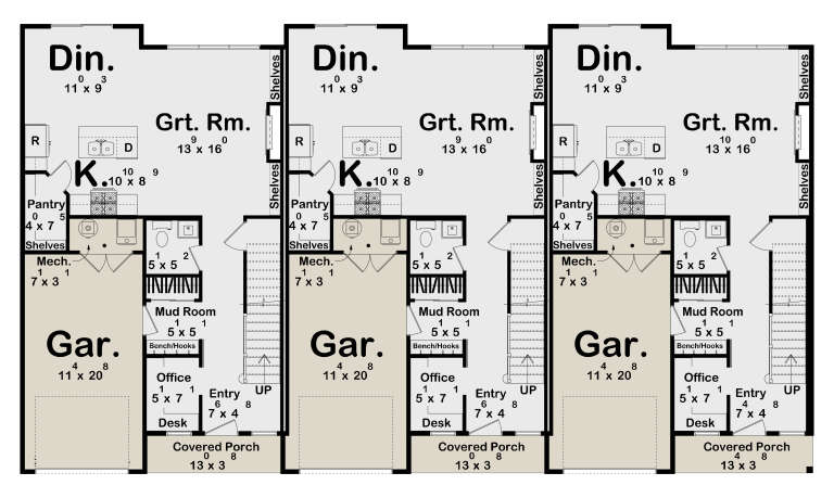 Main floor plan drawing with 3 townhome units, each featuring kitchen, dining, great room, office, 1-car garage, and porch. House Plan # 963-01350