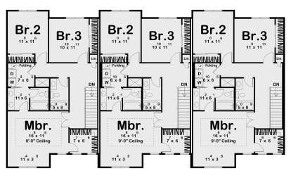 Second-floor plan drawing with 3 units, each having 3BR, 2BA, Ldry, WIC, and stairs. House Plan # 963-01350