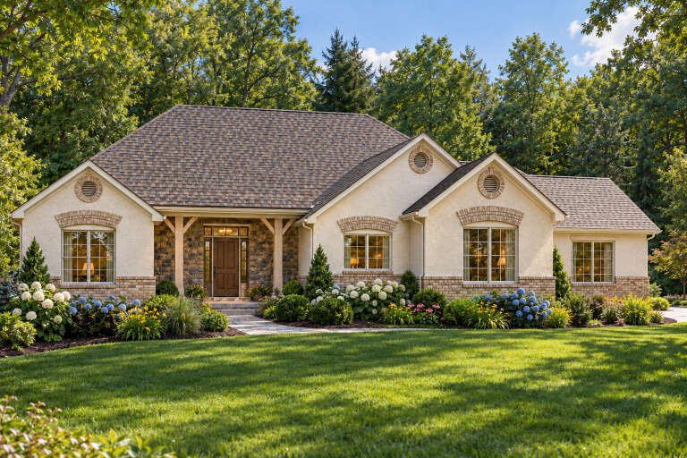 Front view of a beige house in Traditional style, stone accents, arched brick headers, lush landscaping, gabled roof. House Plan # 8768-00268