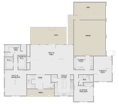 Main floor plan drawing with 2BR, 2BA, office, kitchen, family room, WIC, utility, 2-car garage, shop, patio, and porch. House Plan # 8768-00268