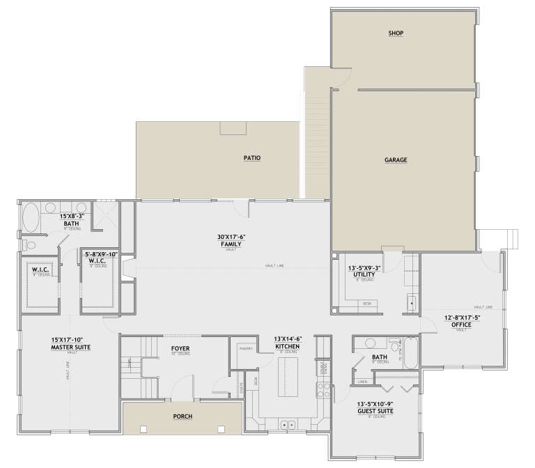 Main floor plan drawing with 2BR, 2BA, office, kitchen, family room, WIC, utility, 2-car garage, shop, patio, and porch. House Plan # 8768-00268